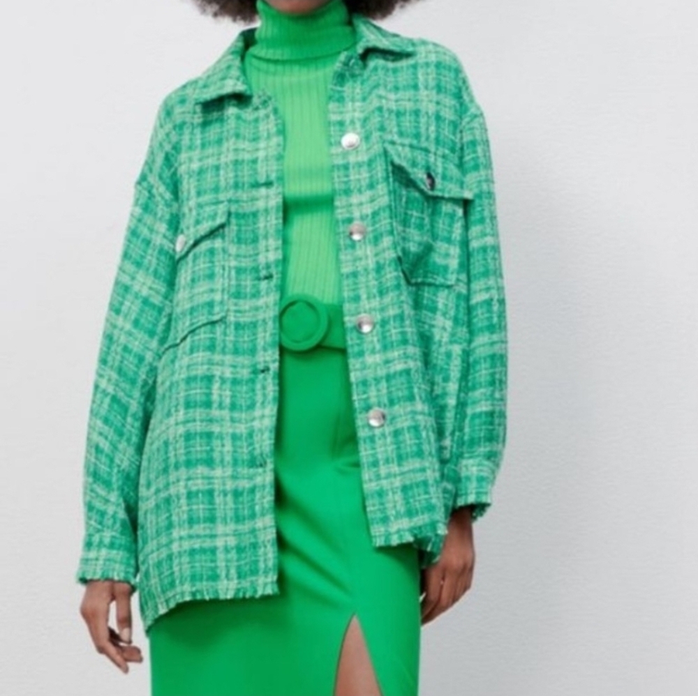 Zara Green And White Tweed Overshirt Size XL